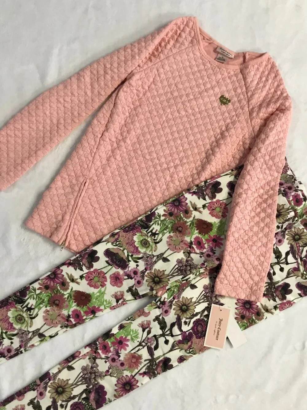 NWT Juicy Couture Girls 2-Piece Pink Textured Top & Floral Leggings Set Size 12